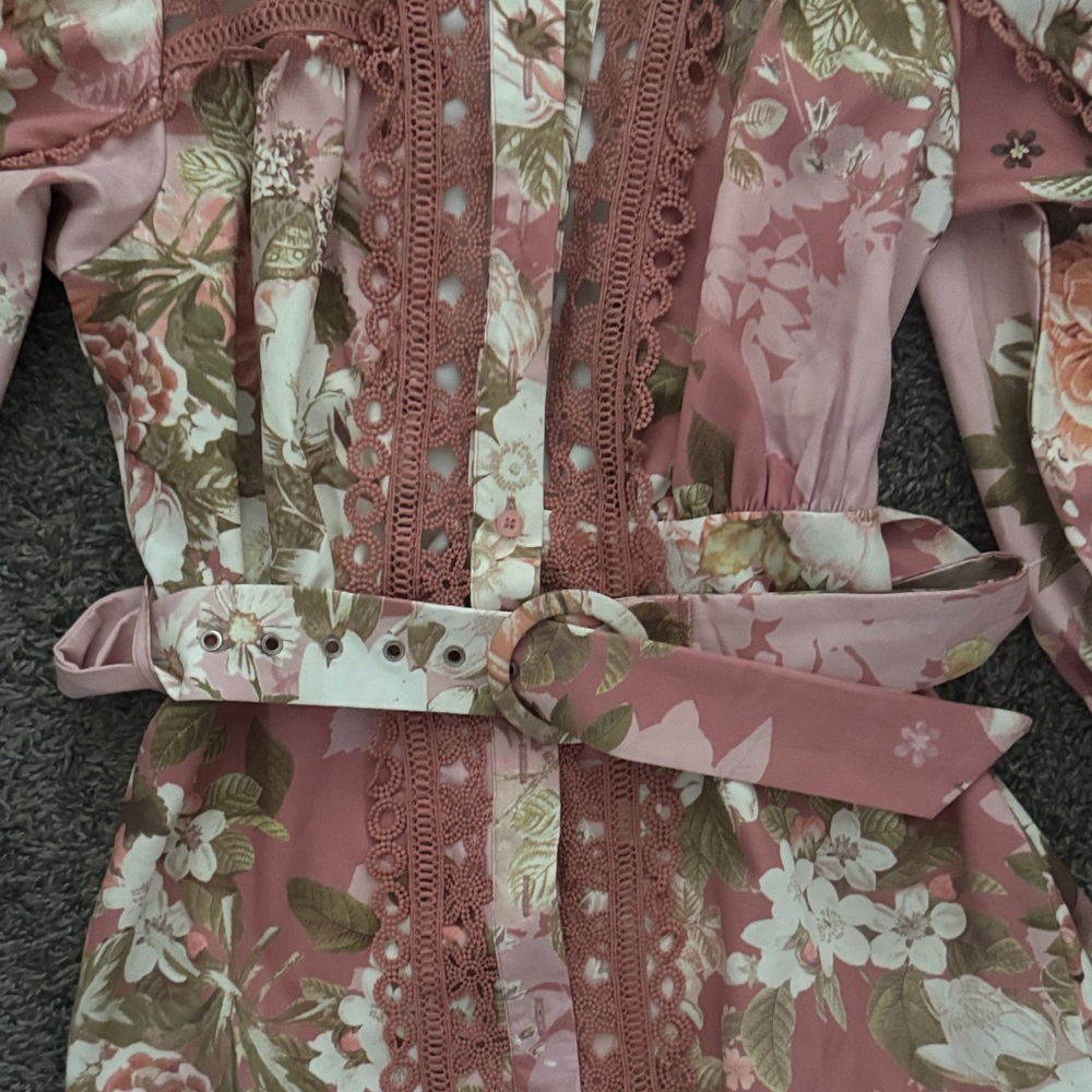 Floral Pink and Brown Dress with Belt - Picture 3 of 8